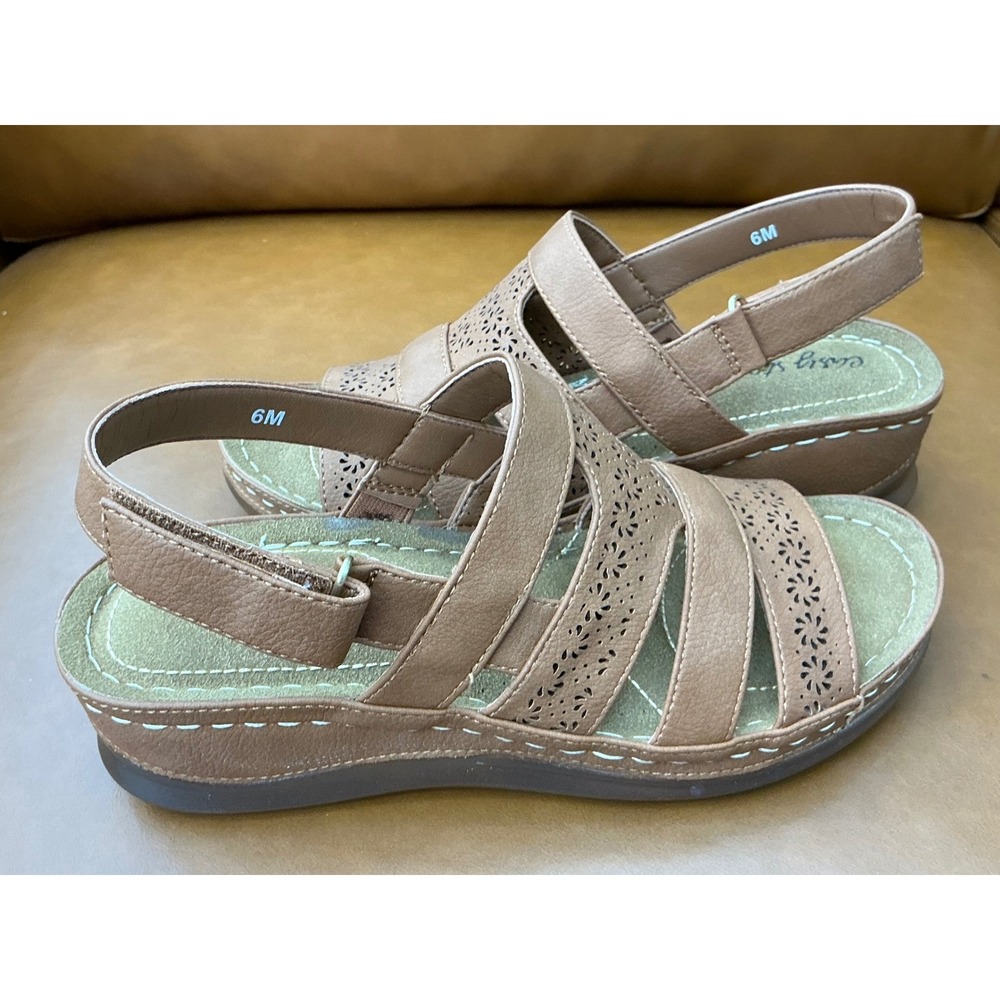 Easy Street Alexi Wedge Sandals Womens 6M Tan Laser Cut Strappy